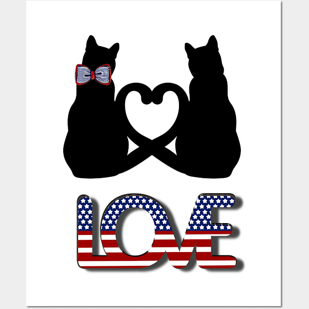 Love in American style and two black cats with tails creating a heart Wall Art by Blue Butterfly Designs 